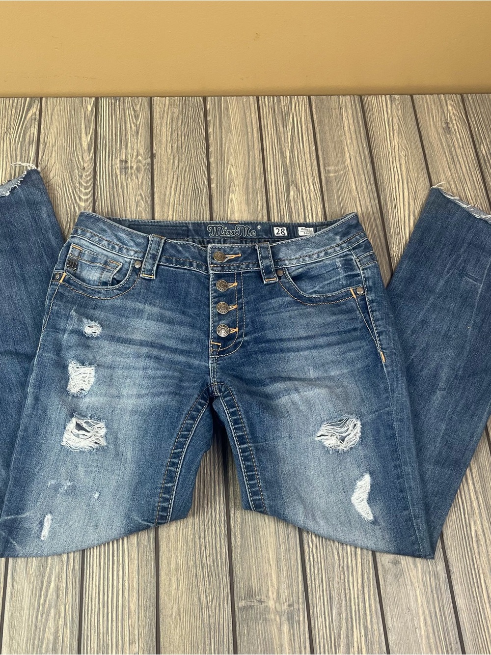 Miss Me Women's Mid Rise Boot Jeans Size 28 Button Fly Distressed